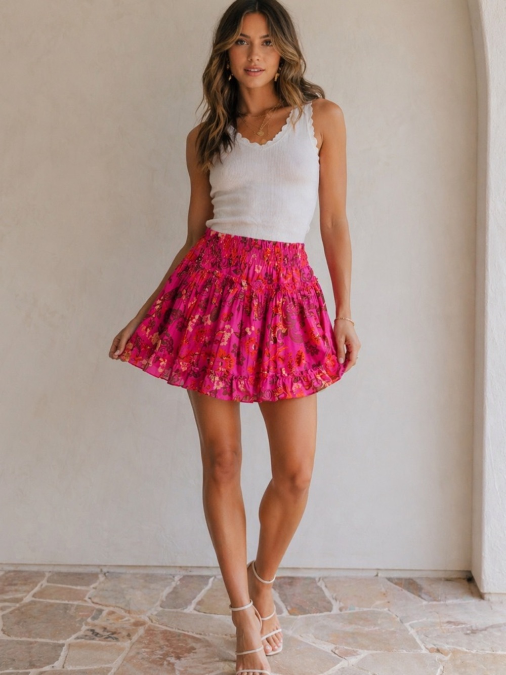 MISA Los Angeles Fuchsia Floral Tiered Mini Skirt-Cotton